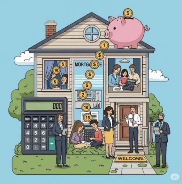 Mortgages: Graphic of a mortgage broker, mortgage lender, mortgage payment calculator, and money in a house.